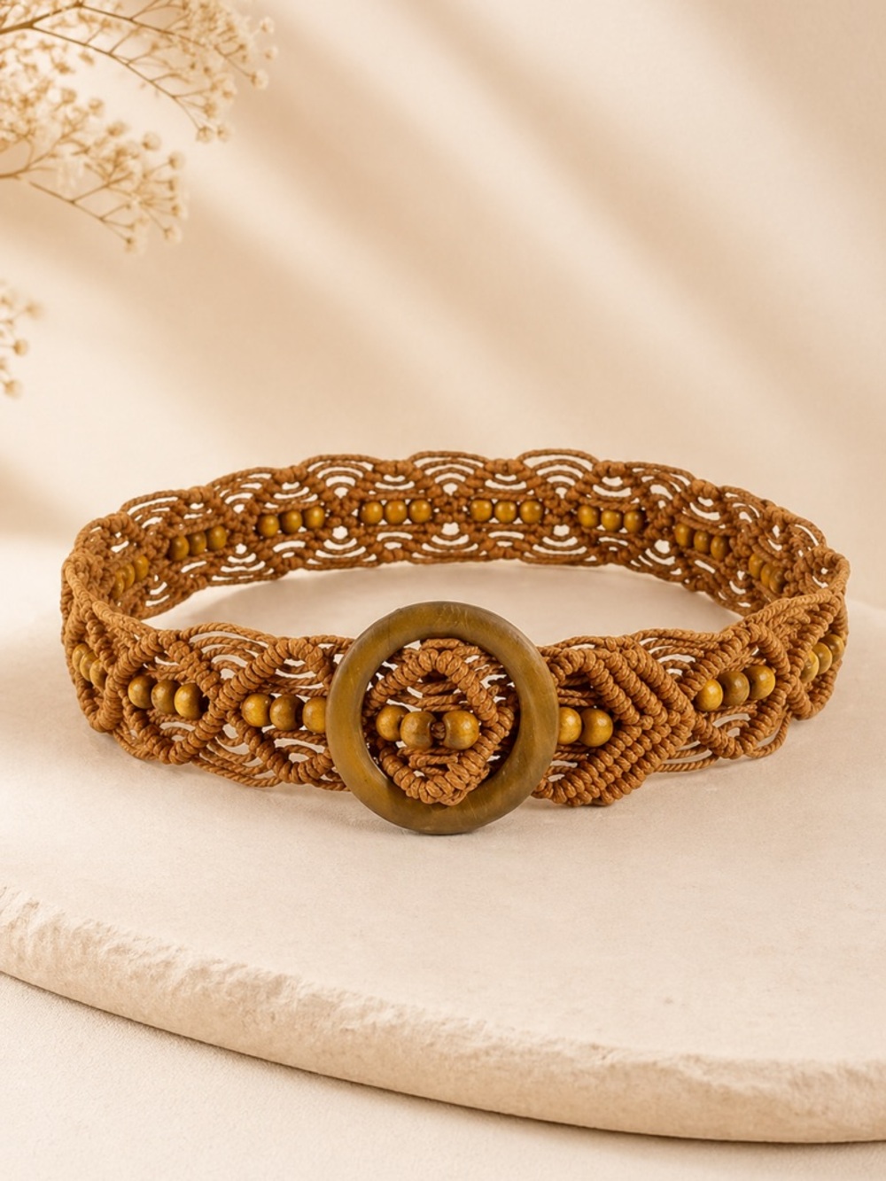 MACRAMUSE BEADED BROWN WOODEN BUCKLE BELT